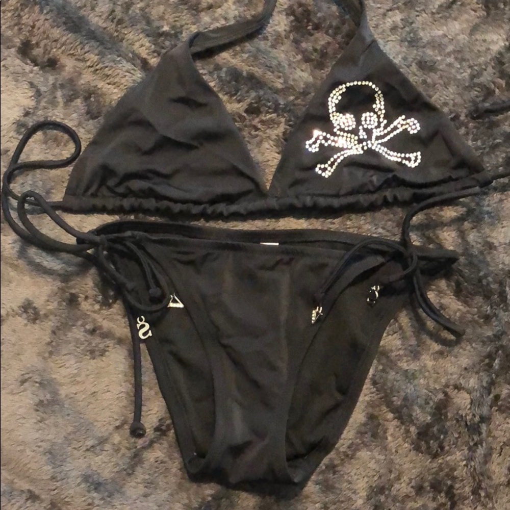 Black bikini with rhinestone skull detail